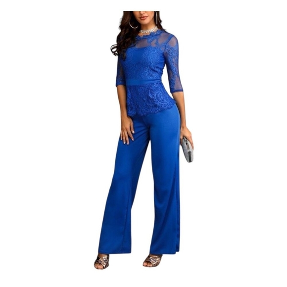 Royal Blue Lace Jumpsuit Wide Leg Formal Evening Party Romper Size M - Picture 1 of 6